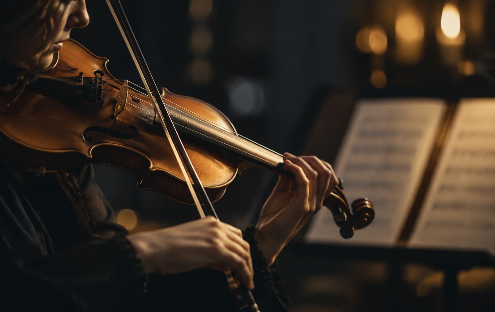 Violinist practicing in warm light